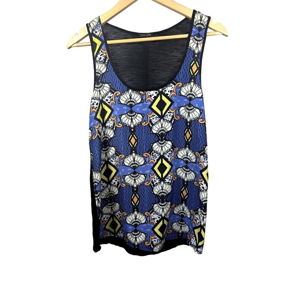 RIVER ISLAND Women's Fan Print Scoop Neck Sleeveless Top Blue Size 8